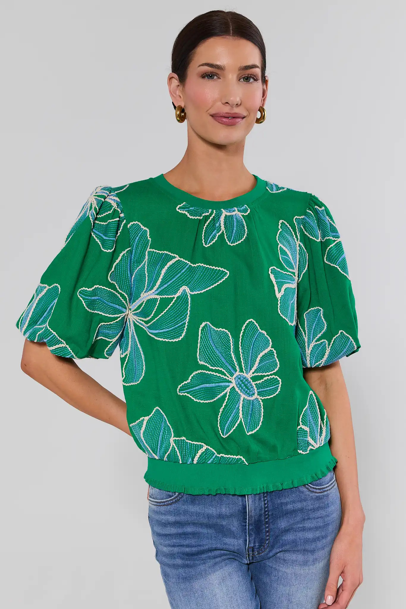 Green Embroidered Floral Top | Avara