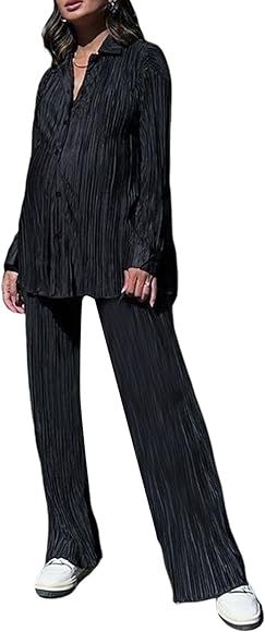 Women 2 Piece Pleated Pants Set Long Sleeve Button Shirt Blouse Top Long Wide Leg Pants Outfits Summ | Amazon (CA)