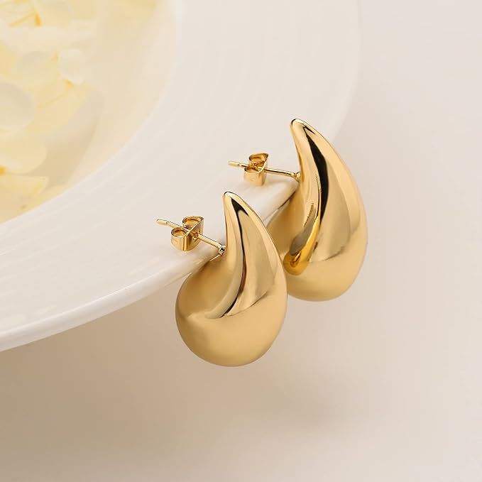 Rajputana Chunky Gold Hoop Earrings for Women, Lightweight Waterdrop Teardrop Hollow Open Hoops, ... | Amazon (UK)