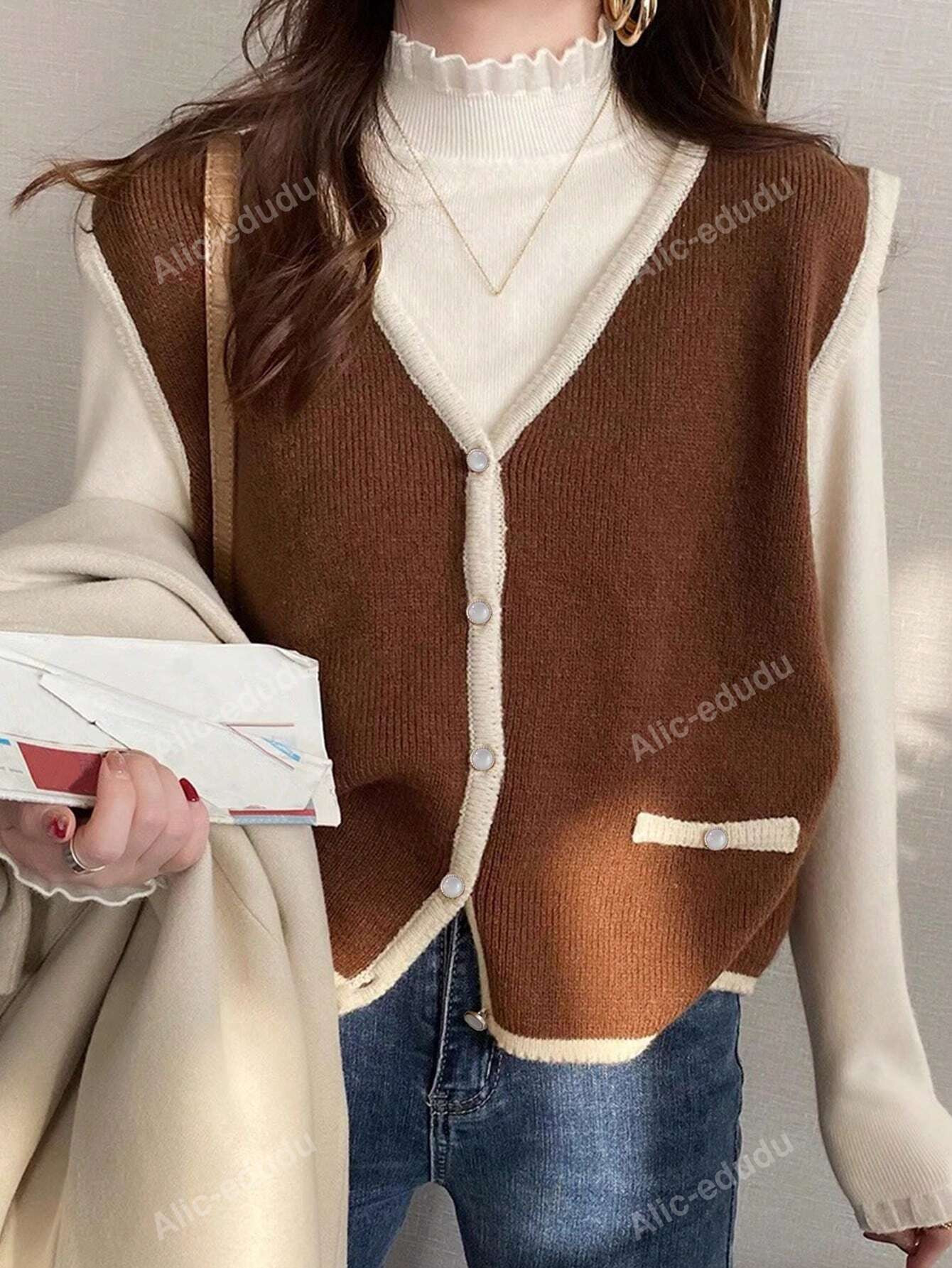 Women's Casual V-Neck Colorblock Sweater Vest, Spring And Autumn | SHEIN