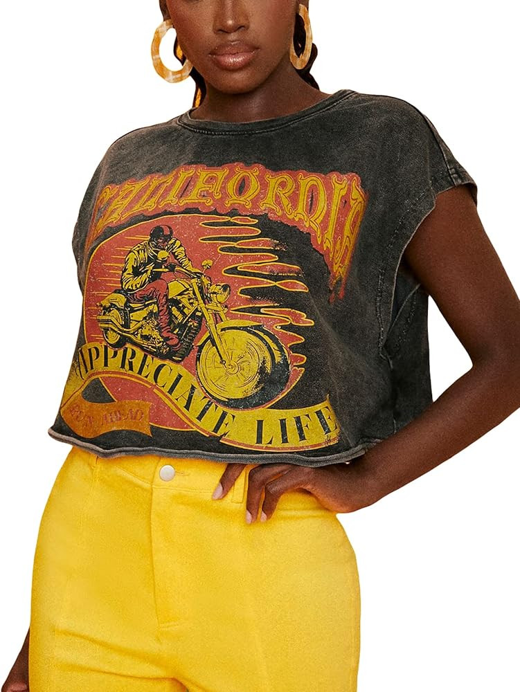 GORGLITTER Women's Graphic Print Bleached Tee Cap Sleeve Round Neck Raw Hem Crop Tops | Amazon (US)