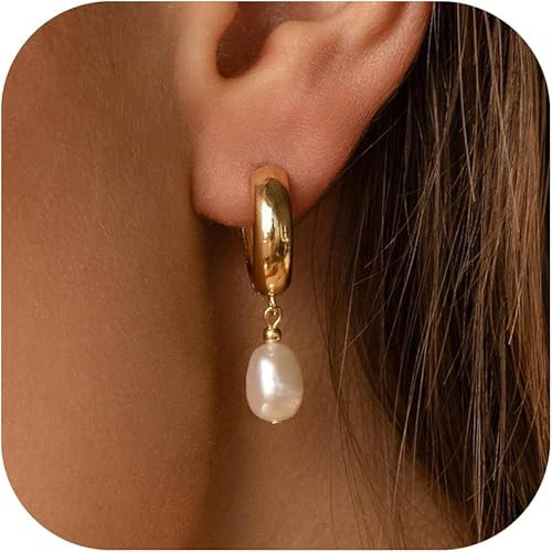 Pearl Earrings for Women 14K Gold Freshwater Pearl Hoop Earring Dangle Drop Wedding Earrings Brid... | Amazon (US)