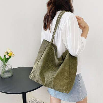 Minimalist Corduroy Shopper BagSchool Bag,Large Capacity,Lightweight,Portable, Suitable For Teen Girls Women College Students, Perfect For Back To Sch | SHEIN