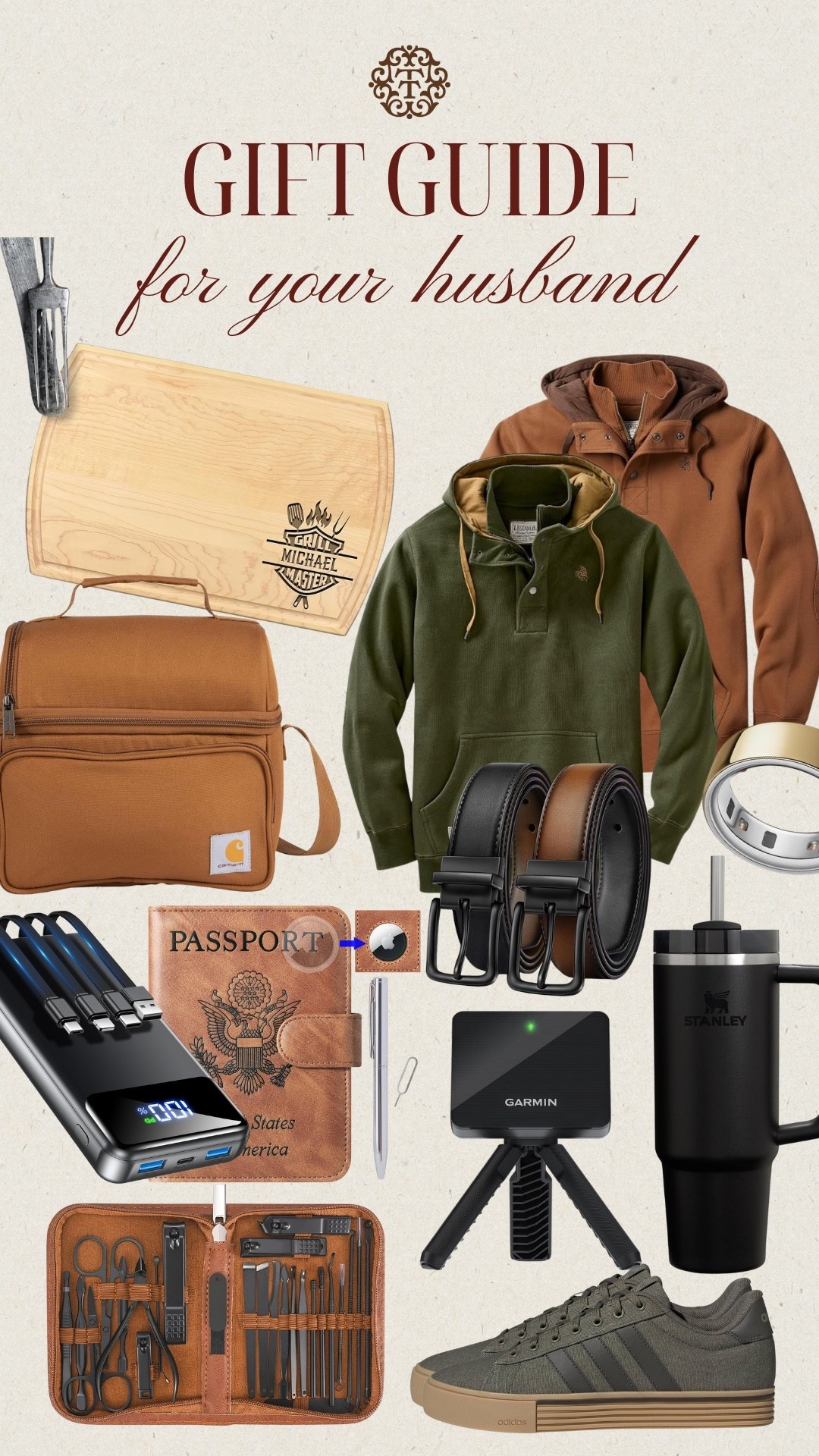 A gift guide for your husband! Think everyday essentials like a grooming kit, a passport case that fits an AirTag, and a Stanley to keep him hydrated. If you want to lean into something a little more luxe, the Oura ring, a personalized cutting board for his grilling days, and the Garmin Approach R10 all make standout gifts.

#LTKHoliday #LTKGiftGuide #LTKSeasonal