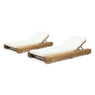 Broadway Teak Brown Removable Cushions Wood Outdoor Chaise Lounge with Cream Cushions (2-Pack) | The Home Depot