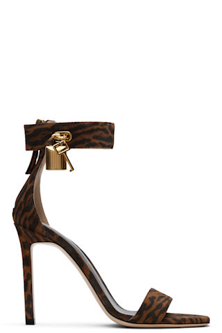 Brown Ocelot-Print Suede Padlock Heeled Sandals | SSENSE