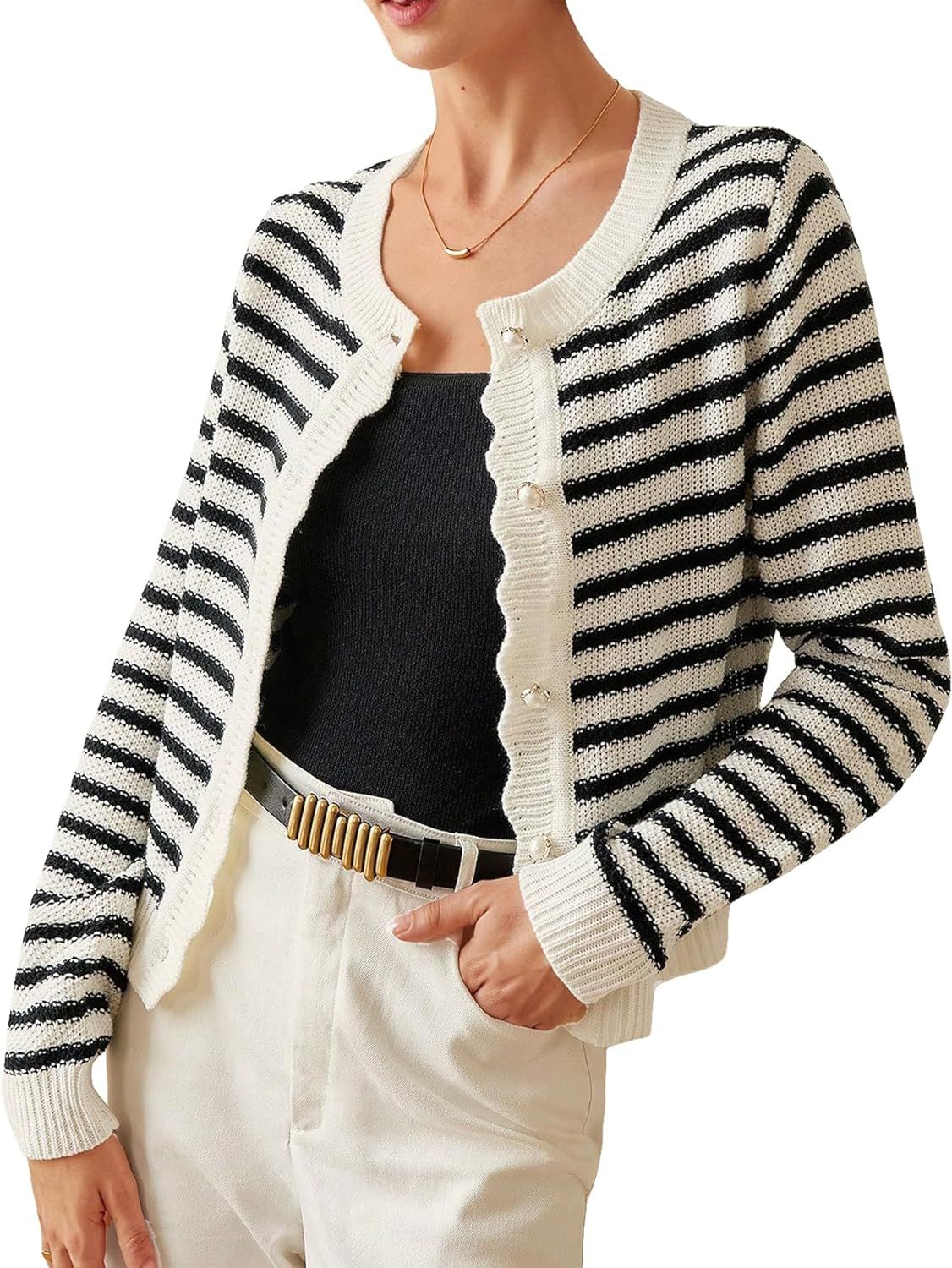 COZYEASE Women's Frenchy Striped Pattern Lightweight Cardigan Scallop Trim Button Fall Open Front... | Amazon (US)