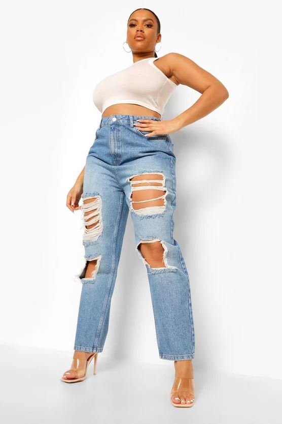 Plus Distressed Turn Up Mom Jean | Boohoo.com (US & CA)