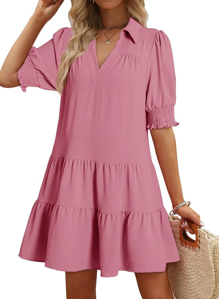 Dokotoo Casual Dresses for Women Lapel Collared V Neck Mid Sleeved Pleated Summer Dresses for Wom... | Amazon (US)