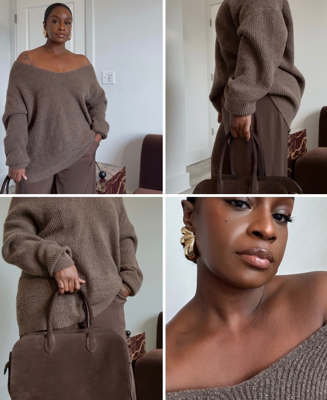 I found a similar sweater and earrings 

#LTKBeauty #LTKU #LTKootd