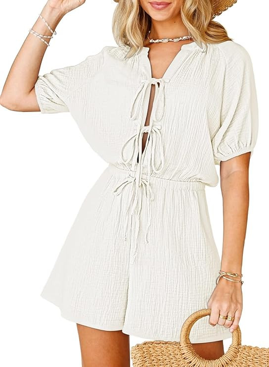 Fixmatti Women Summer Romper - Self Tie V Neck Casual Jumpsuit | Amazon (US)