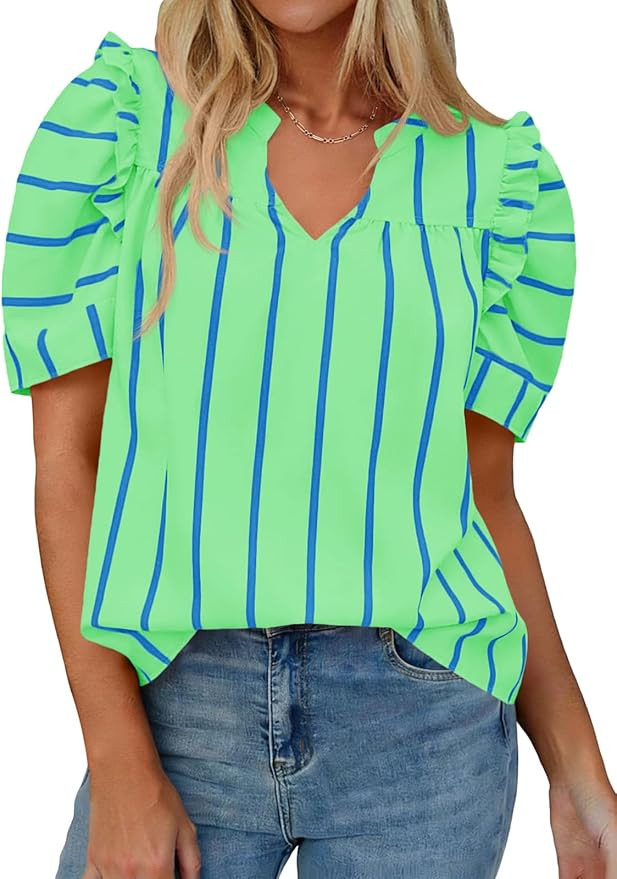 Tankaneo Womens Puff Sleeve Striped Blouses Dressy Casual V Neck Shirts Summer Trendy Loose Fit T... | Amazon (US)