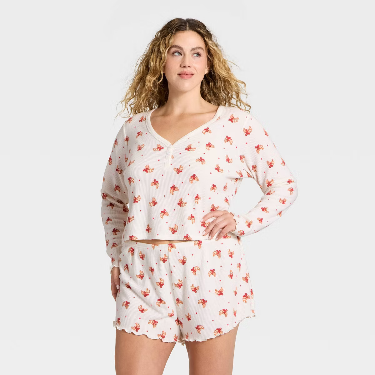 Women's Waffle Long Sleeve Top and Shorts Pajama Set - Wild Fable™ Cream Croissant L | Target