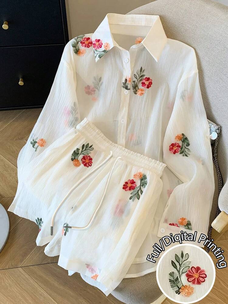 Resyla Loose Regular Chiffon Drop Shoulder Long Sleeve Shirt & Shorts Set | SHEIN