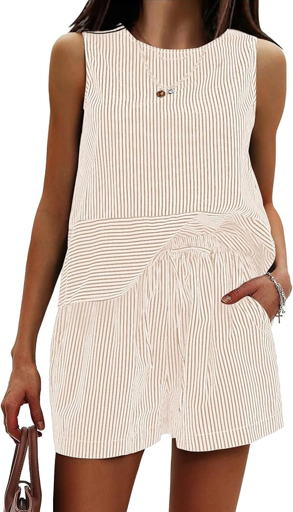 EXLURA Womens 100% Cotton Two Piece Sets Summer Outfits Casual Sleeveless Tank Top Matching Short... | Amazon (US)