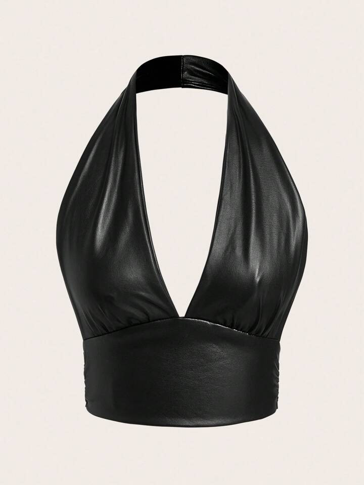 SHEIN EZwear Women's Casual Sexy Backless Tight Halter Neck Camisole, Versatile, PU Material,Off The Shoulder Top | SHEIN