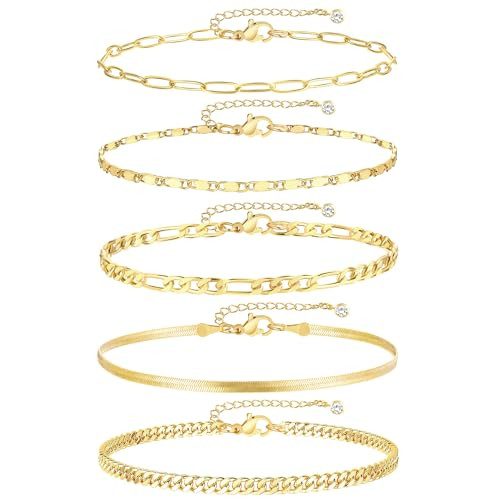 iF YOU Gold Ankle Bracelets for Women, 14k Gold Plated Waterproof Cuban Link Chain Anklets Set, L... | Amazon (US)