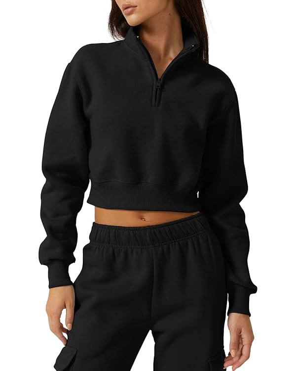 QINSEN Womens Half Zip Crop Sweatshirt High Neck Long Sleeve Pullover Cropped Top | Amazon (US)