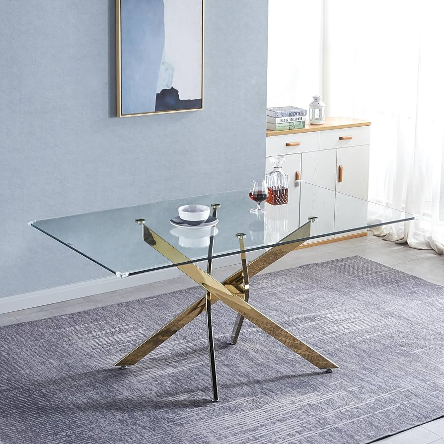 63" Tempered Glass Dining Table with Gold Mirrored Stainless Steel Nest-Shape Legs, Rectangular K... | Amazon (US)
