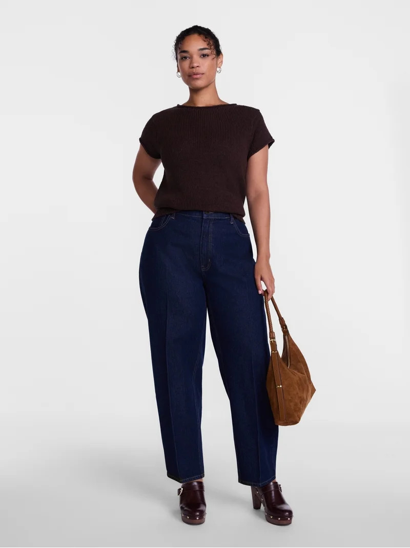 Scenario Women's and Women's Plus High Rise Tapered Barrel Crease Jeans, 27" Inseam, Sizes 0-28W | Walmart (US)