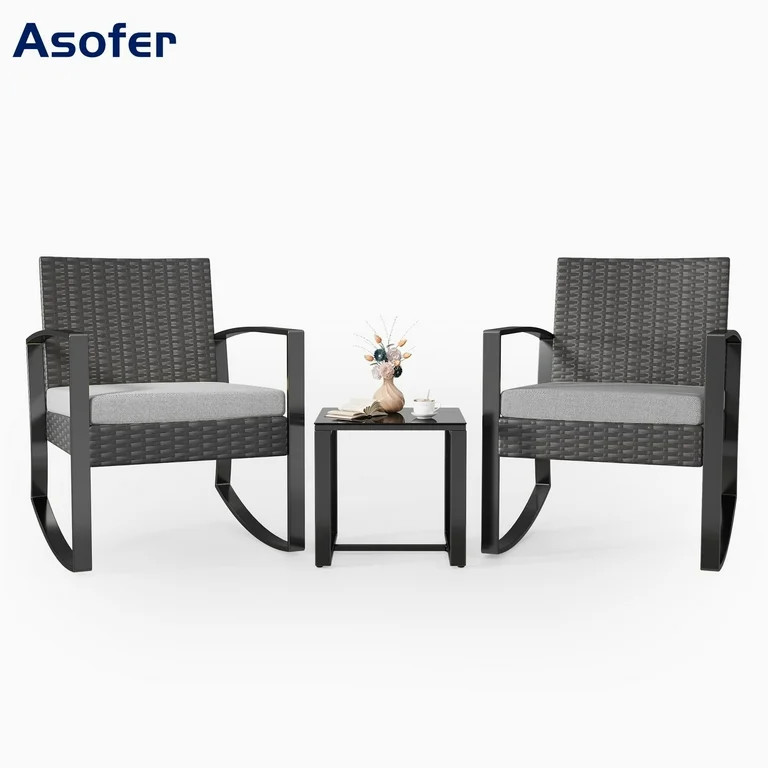 Asofer 3-Piece Patio Furniture Set, Rocking Wicker Chair with Soft Cushion and Coffee Table, for ... | Walmart (US)