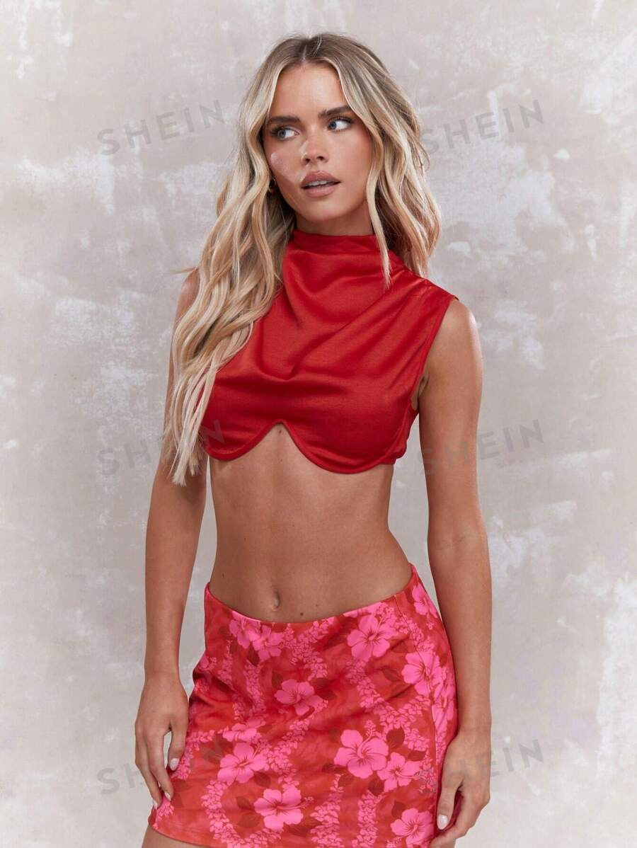 MISSGUIDED Satin High Neck Sleeveless Crop Top | SHEIN