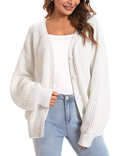 QUALFORT Cardigan Sweaters for Women 100% Cotton Button-Down Oversized Knit Outerwear Fall Tops for Women 2026 Off-White | Amazon (US)