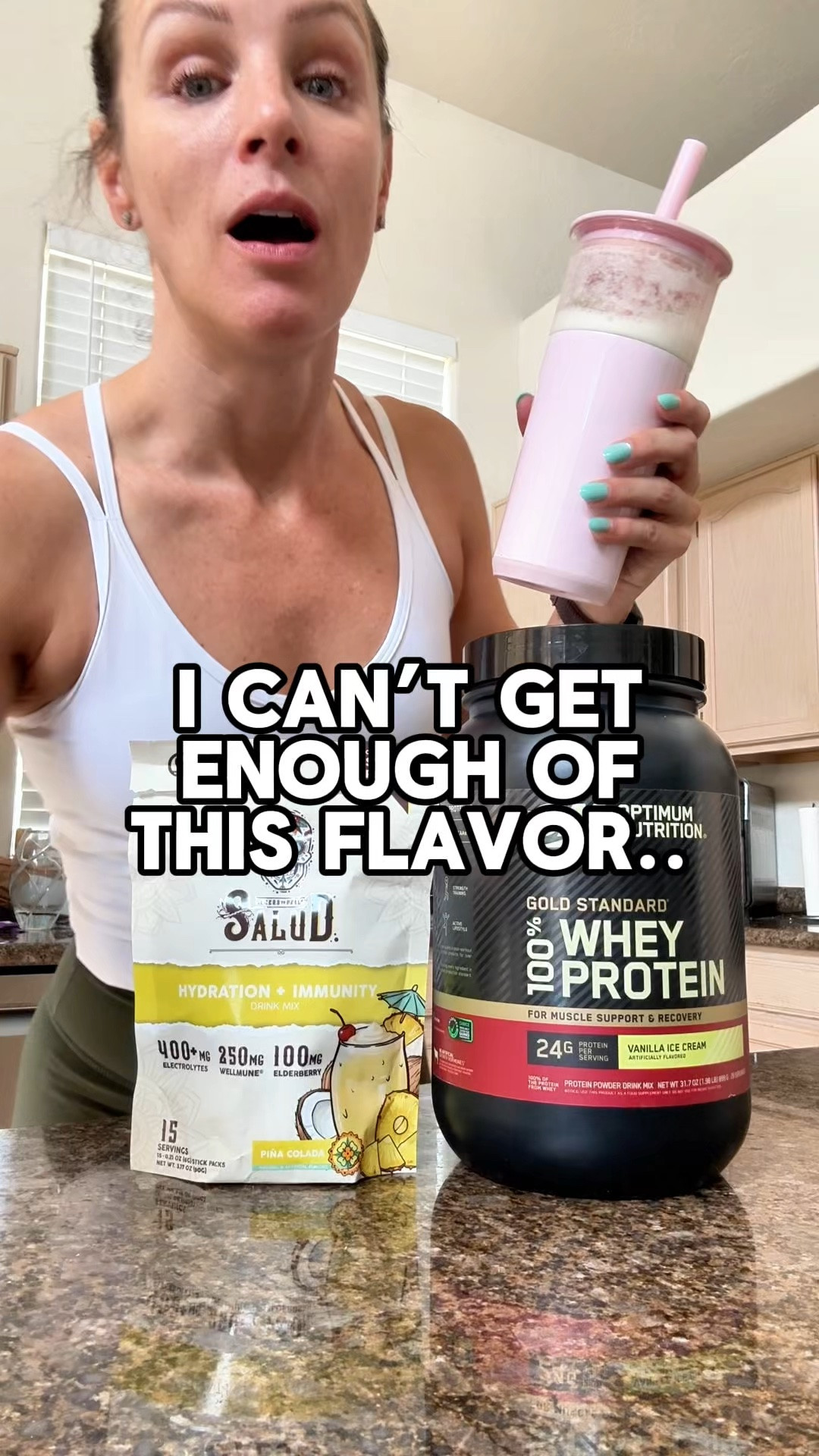 This pina colada electrolyte mix is incredibly delicious and works well in both liquids and shake! With the adde immunity boost bonus. Have you tried salud ? #tastesalud #electrolytemix #pinacolada #drinkmix  #optimumnutrition #proteinshake

#LTKdayinmylife #LTKfitnessgoals #LTKActive