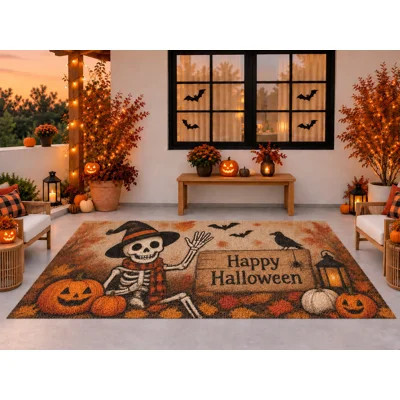 5' x 7' Outdoor Area Rug, Skeleton Happy Halloween Pumpkins Raven Pattern, Waterproof PVC Coil Loop Carpet, Heavy Duty Quick Dry Mat for Porch Deck Ba | Wayfair North America