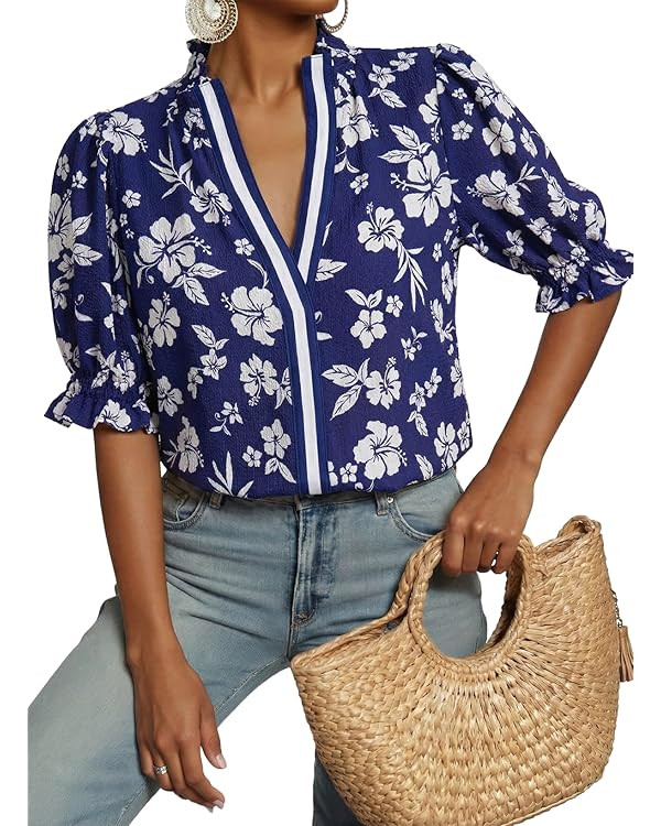Dokotoo Women's Summer Boho Floral Ruffle Shirt Puff Short Sleeve V Neck Casual Trendy Cute Blous... | Amazon (US)
