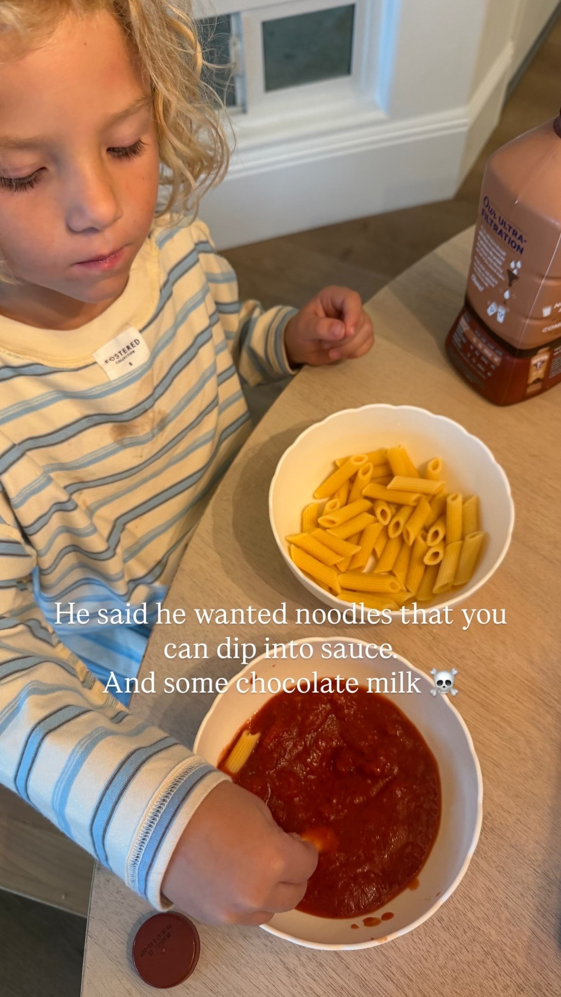 He said he wanted noodles that you can dip into sauce.
And some chocolate milk ☠️