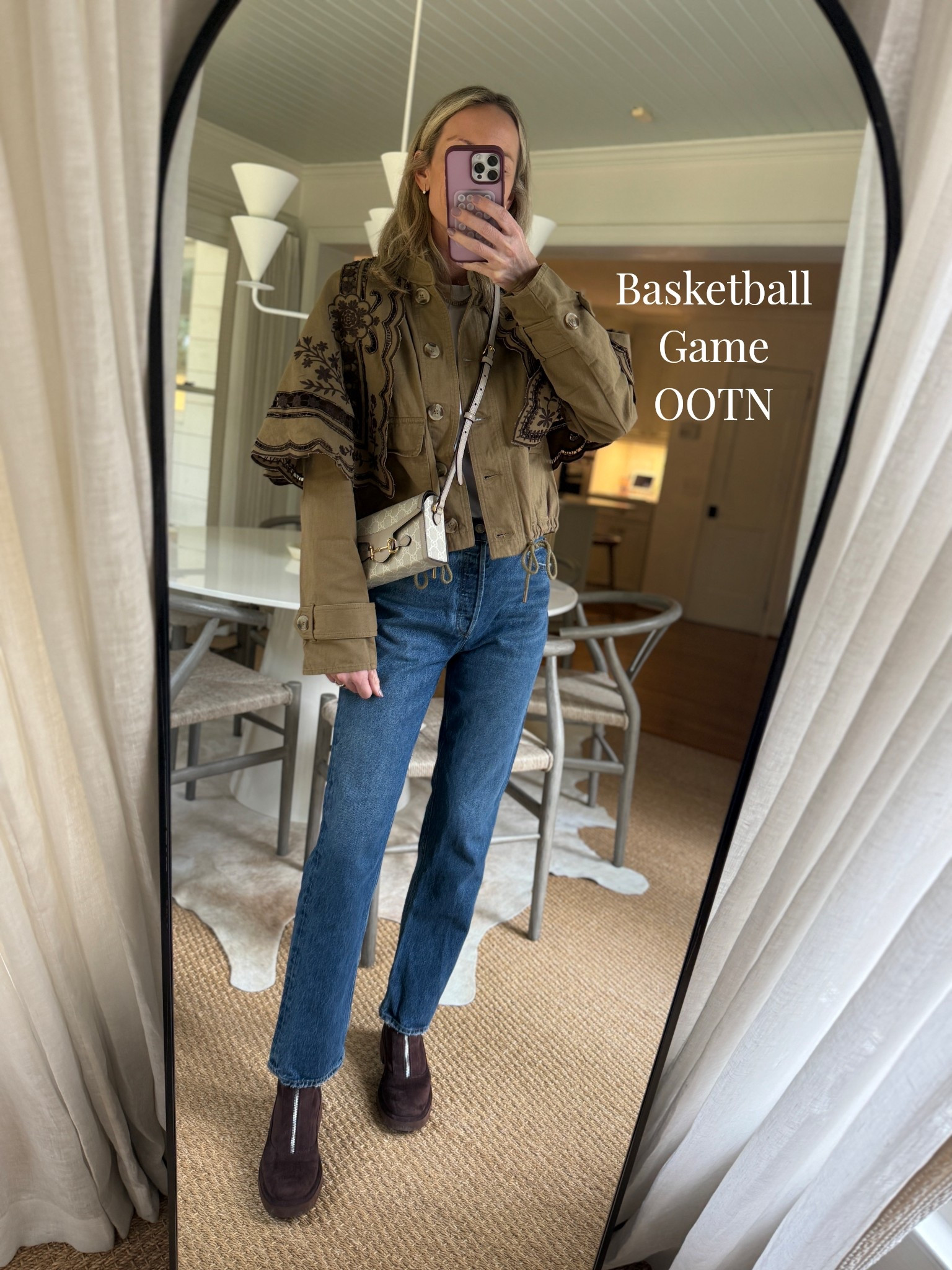 Size 26 jeans / small jacket / Amazon tee / boots are my current go - to! 