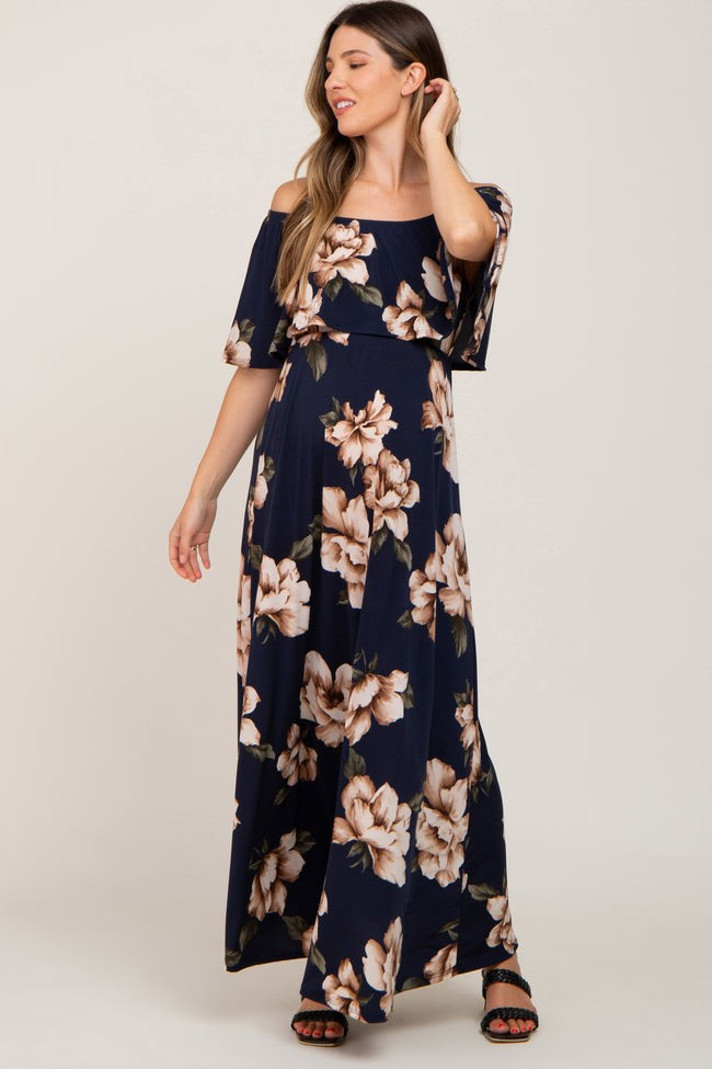 Navy Floral Flounce Off Shoulder Maternity Maxi Dress | PinkBlush Maternity