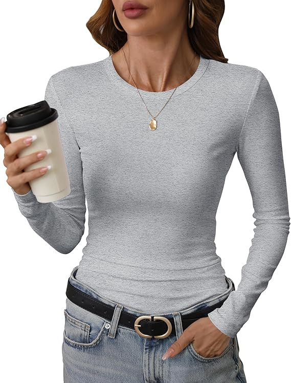 GEMBERA Womens' Crewneck Long Sleeve Slim Fitted Casual Top T-Shirts Stretchy Basic Shirt | Amazon (US)