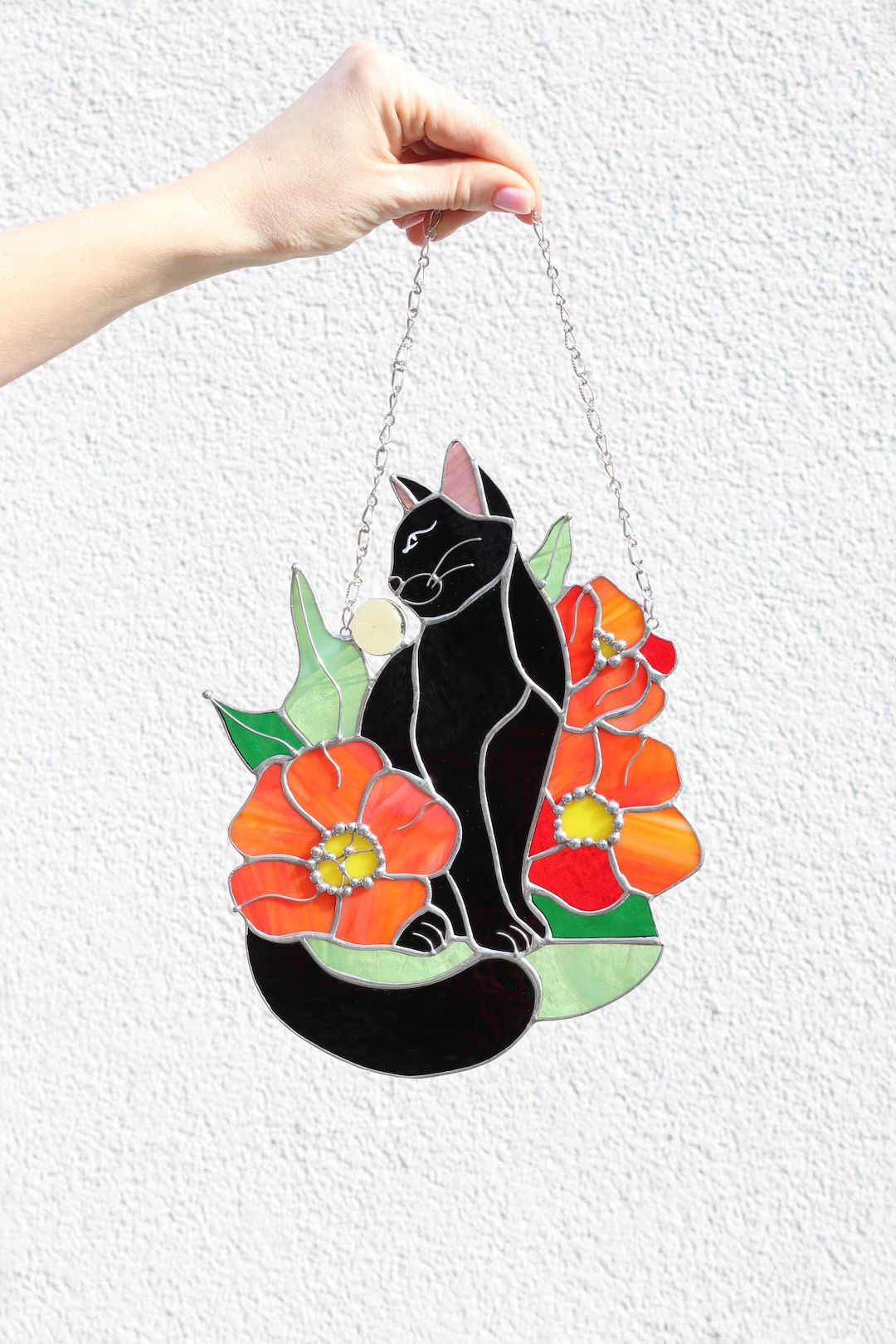 Suncatcher Black Cat in Poppy Flowers Stained Glass Window Hangins Glass Wall Decor Cat Art gift ... | Etsy (US)