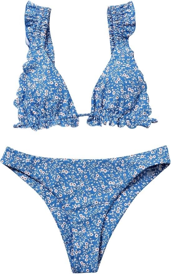 SOLY HUX Women's Ruffle Trim Triangle Bikini Bathing Suits Two Piece Swimsuits Blue | Amazon (US)