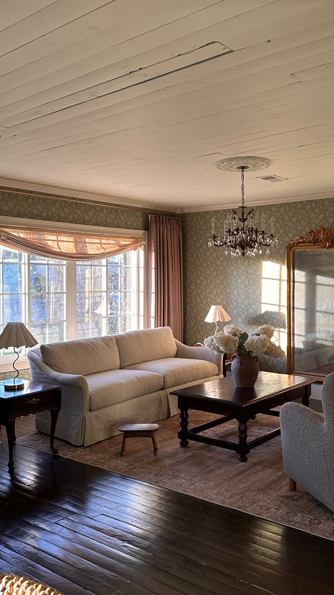 The cottage living room! Love this sofa from Kathy Kuo Home, the shape is perfection. Also linking  the rug, shades and curtains, lamps and florals. So happy with how this room came out! 

#LTKHome