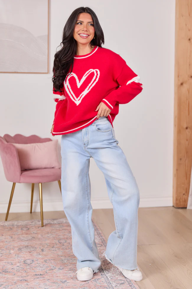 Brynn Red And Ivory Heart Varsity Crewneck Sweater | Pink Lily
