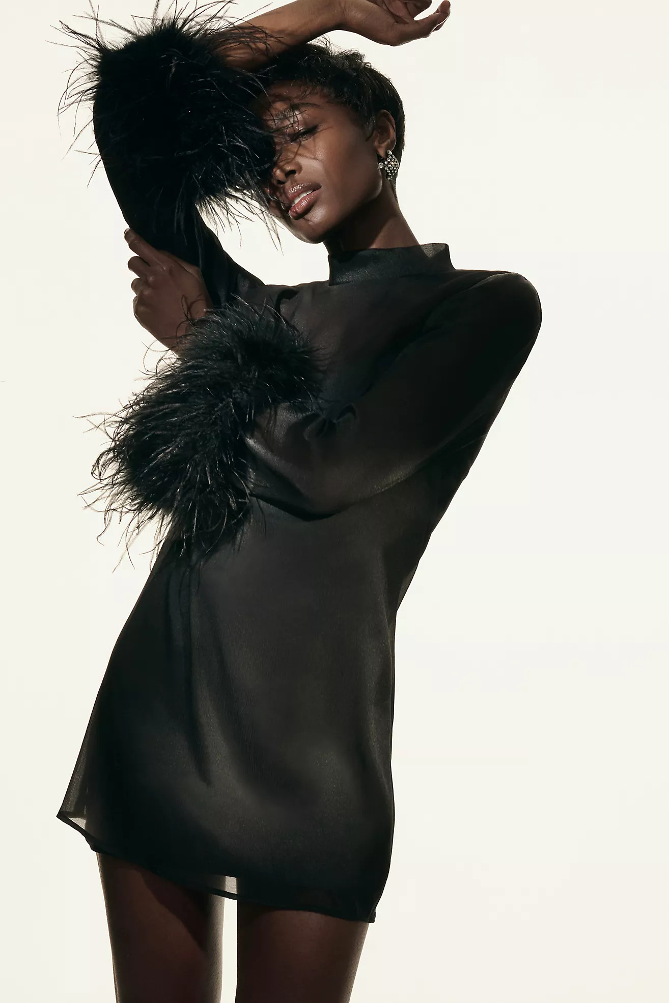 Hutch Long-Sleeve Turtleneck Faux-Feather Trim Sheer Mini Dress | Anthropologie (US)