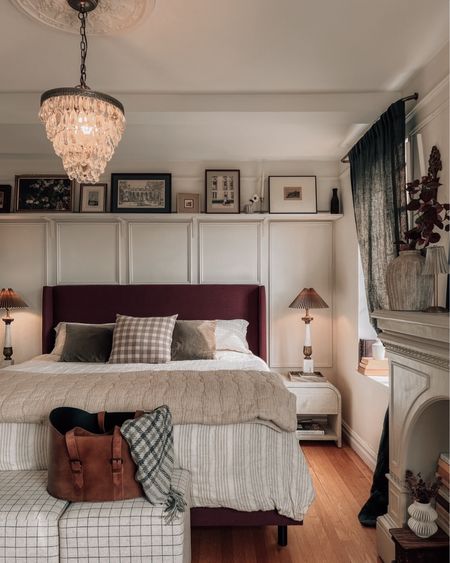 bedroom decor: nightstand, headboard and bed, bedding, chandelier pendant

#LTKhome