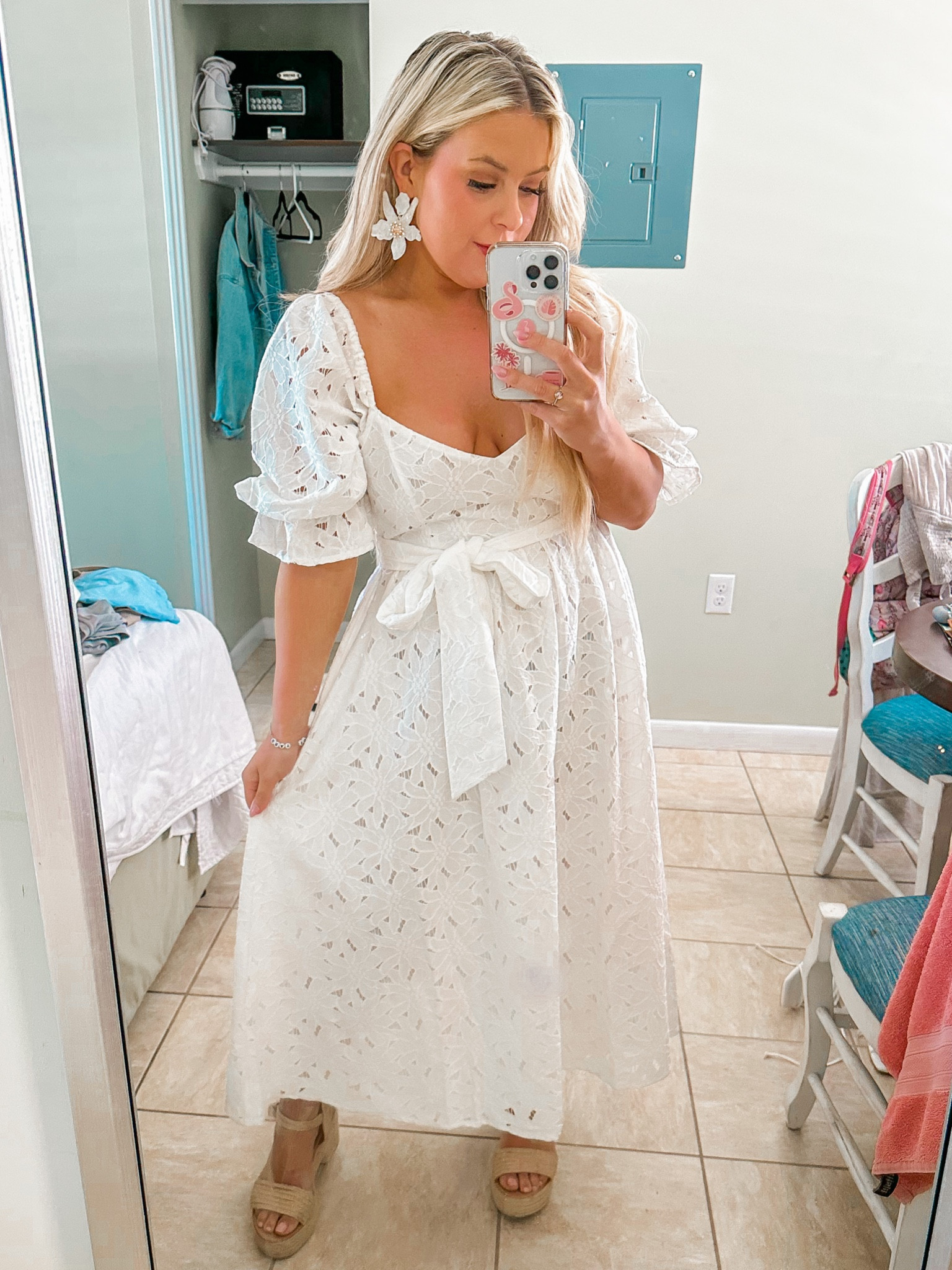 White lace midi dress size M and fit perfect! Easter dress idea. Also linked my white flower earrings. #vacationdress #mididress #whitedress 

#LTKunder100 #LTKunder50 #LTKtravel