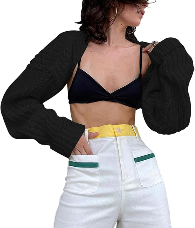 SHBECYDE Women Solid Open Front Knit Crop Cardigan Shrug Loose Long Sleeve Drop Shoulder Cropped ... | Amazon (US)