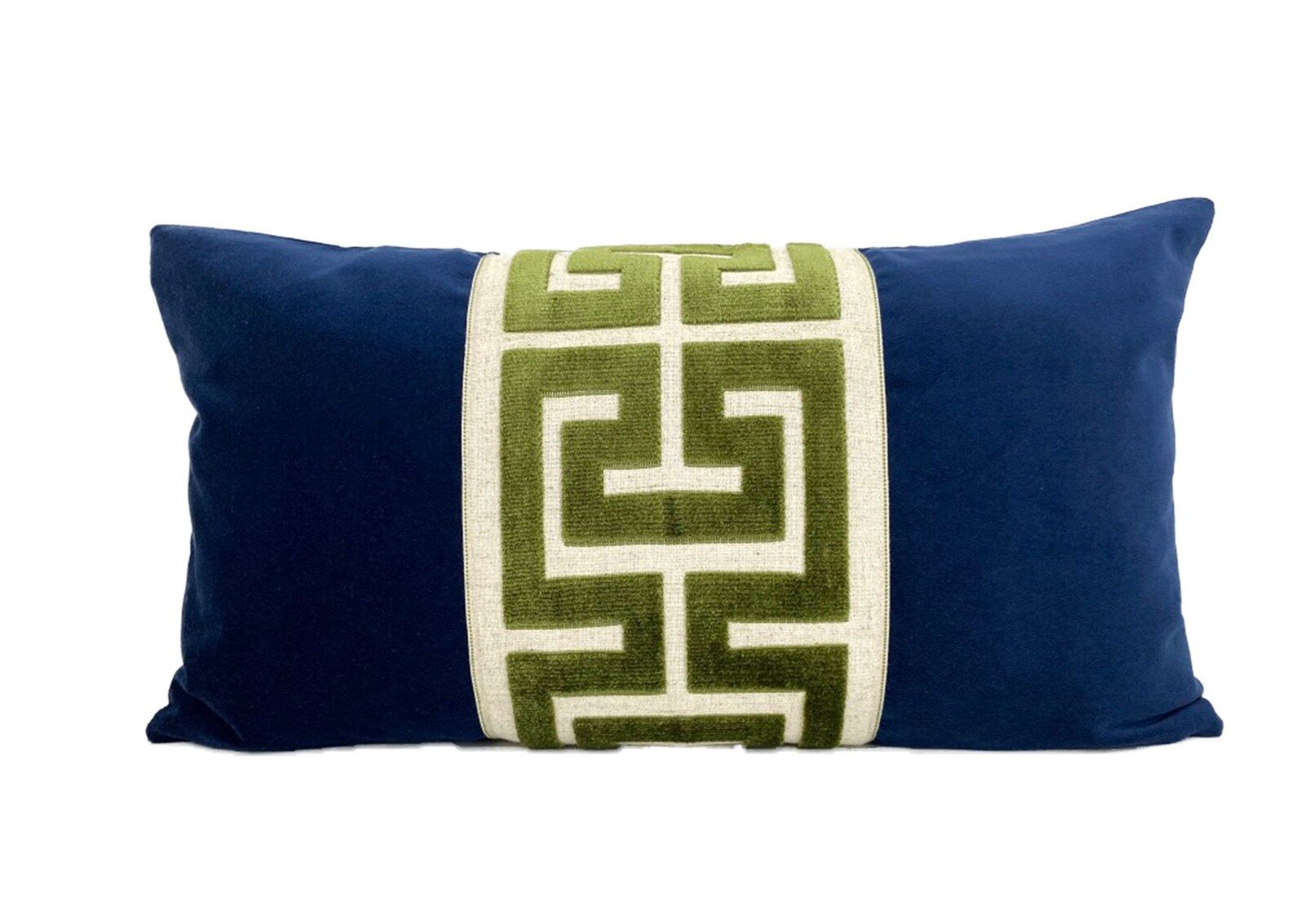 Navy Blue Velvet Lumbar Pillow Cover with Large Green Greek Key Trim | Etsy (US)