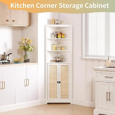 Farmhouse Tall Corner Cabinet – 64" Freestanding Storage Hutch with 2 Barn Doors, 3 Adjustable Shelves – White embossed imitation rattan door | Target