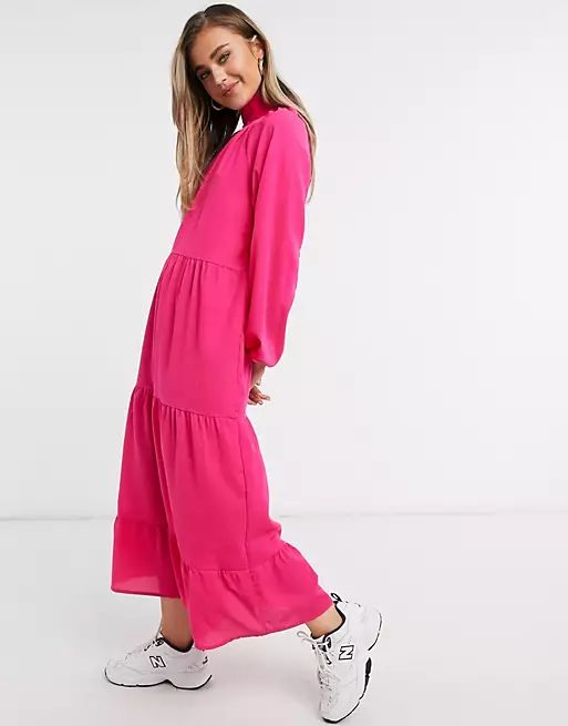 Lola May trapeze tiered maxi dress with tie neck in hot pink | ASOS (Global)