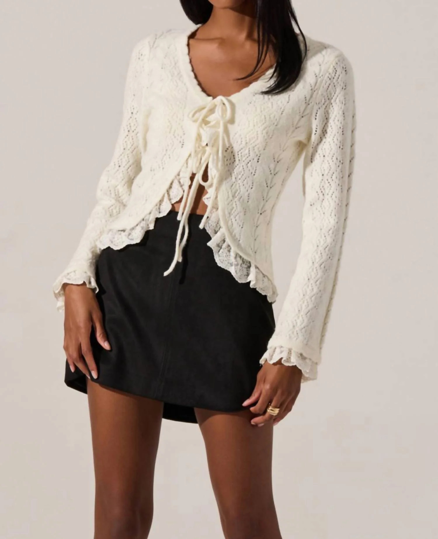 Lacey Pointelle Tie-Front Cardigan In Cream | Shop Simon