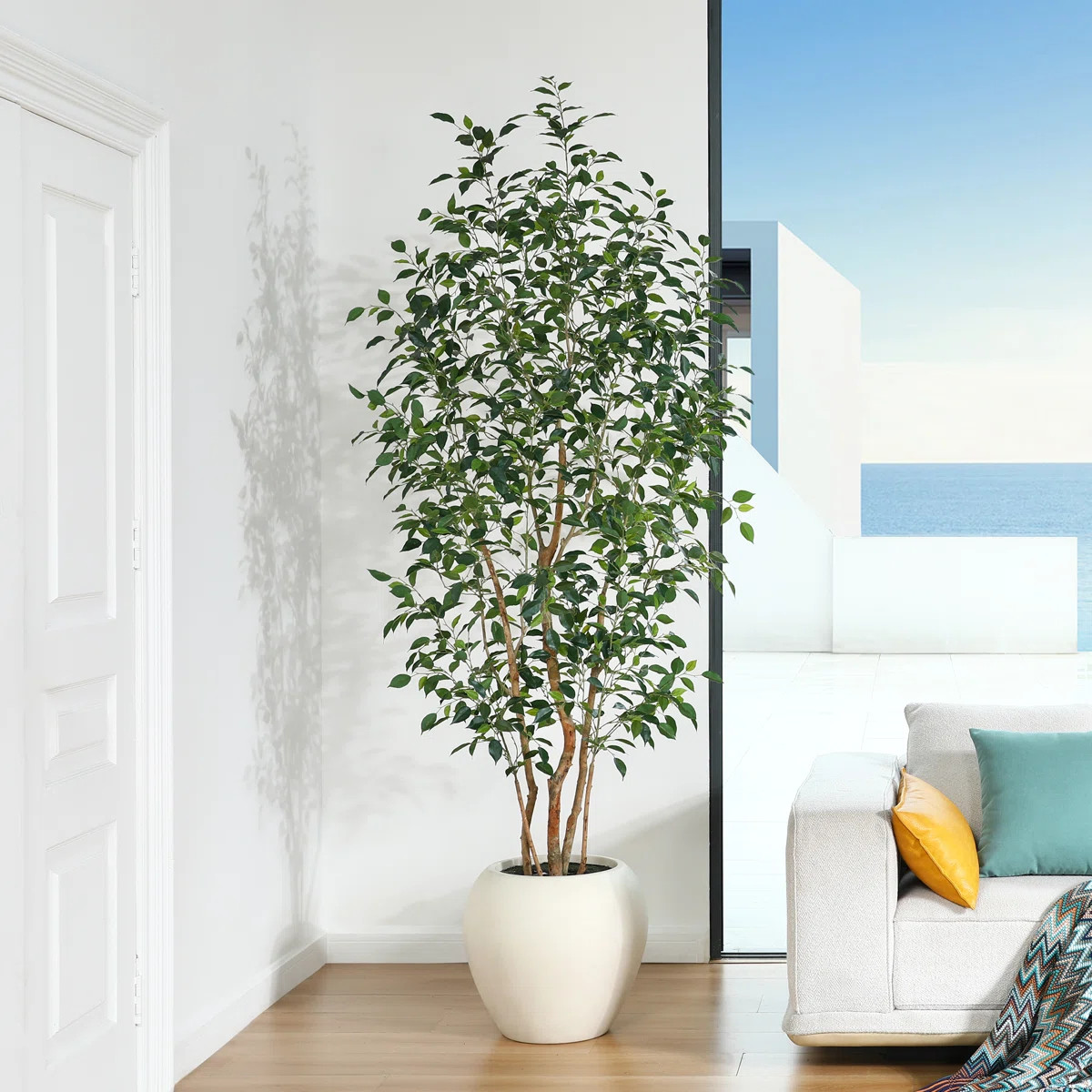 Adcock 8ft Artificial Ficus Tree with White Tall Planter, Faux Ficus Tree with Natural Trunk | Joss & Main
