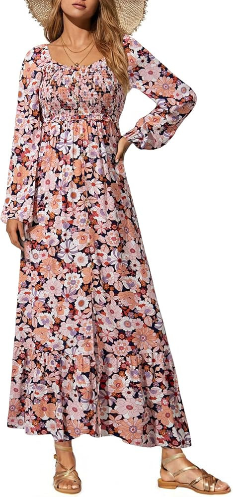 Dokotoo Womens Dresses Spring Summer 2026 Boho Floral Smocked Empire Waist Square Neck Long Sleev... | Amazon (US)