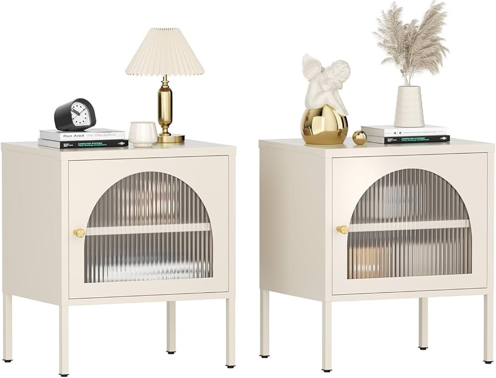 Fluted Bed Side Table Nightstand Set of 2 - Mid-Century Modern White Night Stand with Corrugated ... | Amazon (US)