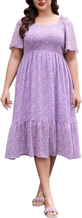 Keluummi Plus Size Wedding Guest Midi Dresses for Curvy Women, Summer Casual Boho Floral Smocked ... | Amazon (US)